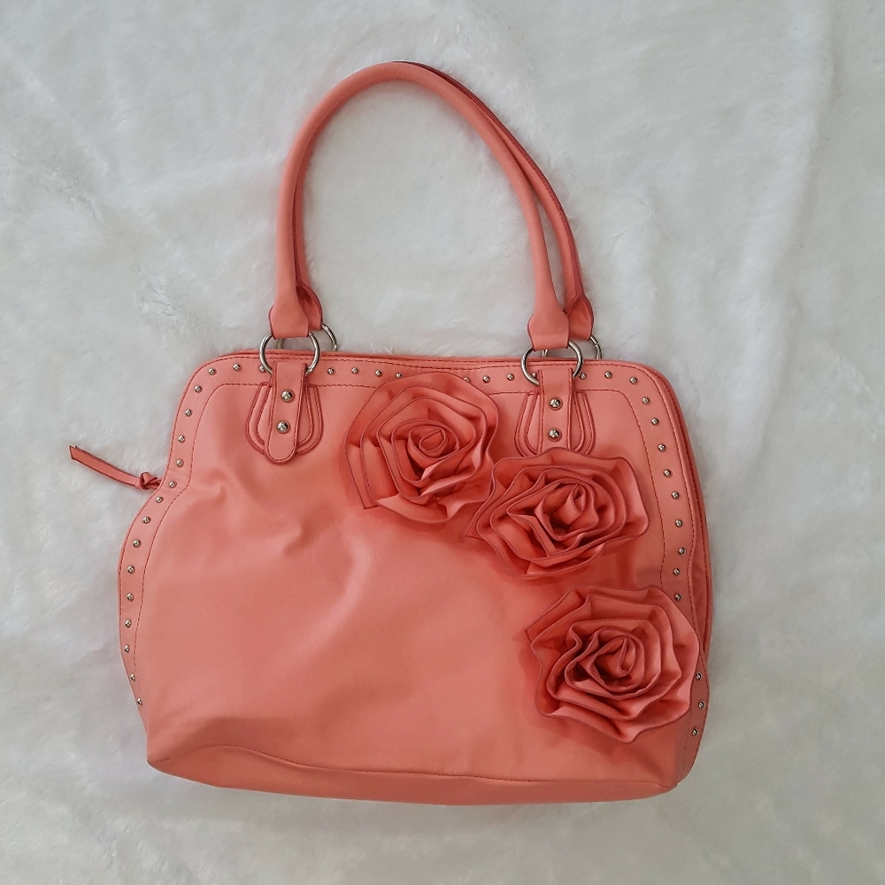 Cato coral purse with roses and gold studs